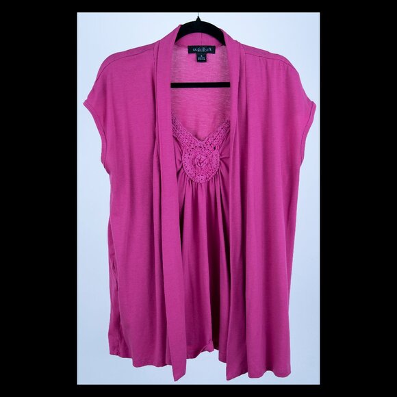 August Silk Womens Pink 2-Fer Vneck Crochet Trim Cap Sleeve Top XL EUC - Picture 1 of 2